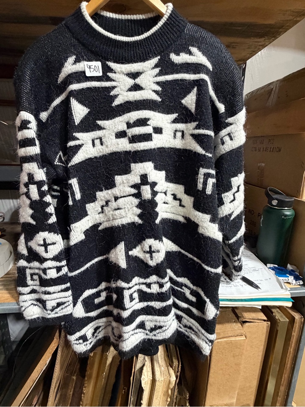 #4501-Black & White Geometric Crewneck Sweater